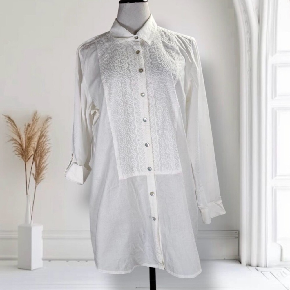 J Jill Tuxedo Lace Button Down Blouse Size L White Cotton Roll Tab Sleeve Top